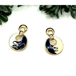 Vintage Gold and Navy Enamel Round Dangle Statement Earrings